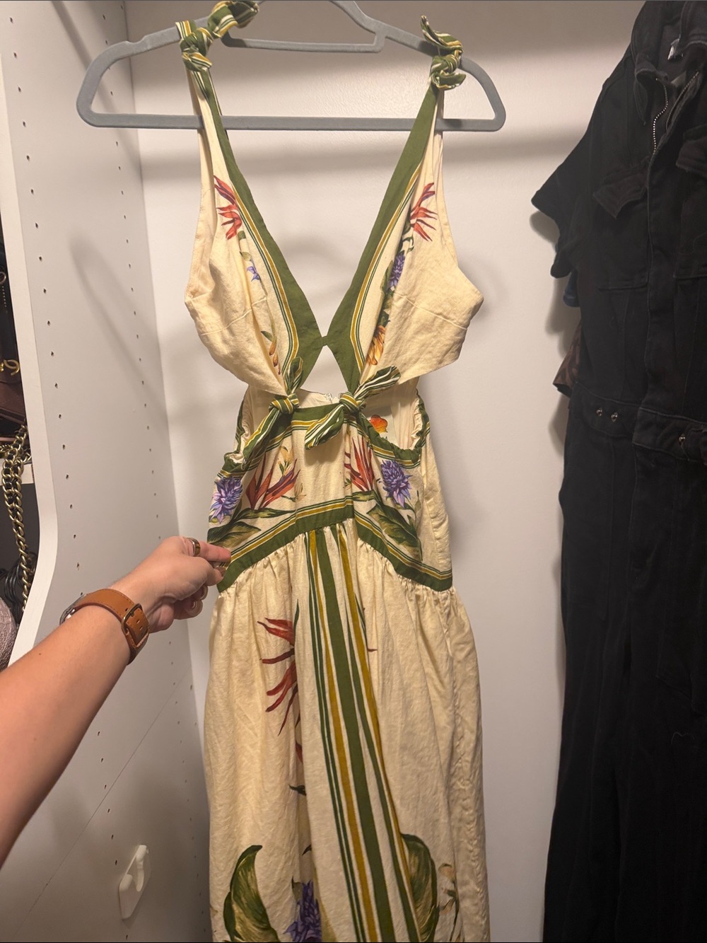FARM Rio Cream Floral Backless Maxi with Green Trim